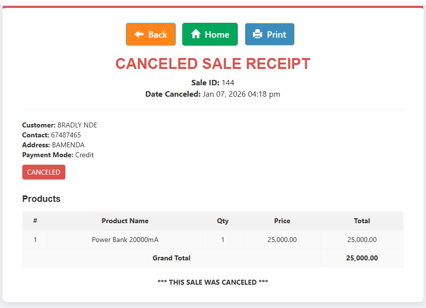 Cancelled Sale Receipt